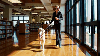 A woman walk in a library with her guide dog. She is holding her iPhone on her other hand.